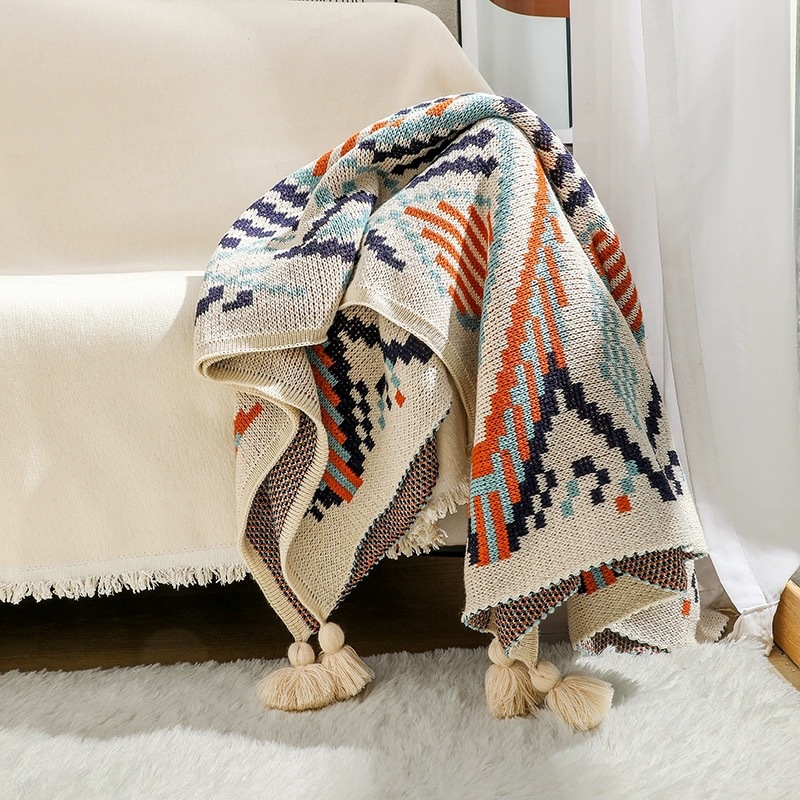Boho вязать бросить одеяло с геометрическим ромбовидным узором и кисточками